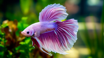 A beautiful betta fish with a long, fBeautifully colored, photo-realistic, with a detailed background , Siamese fighting fish