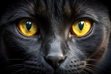 Intense yellow eyes of a black cat close up