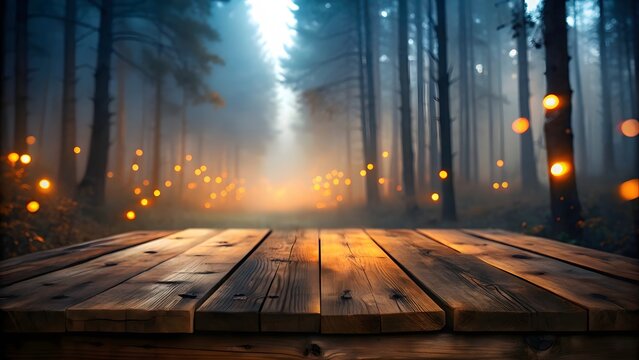 Enchanted forest clearing with wooden table and glowing lanterns