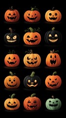 Creative pumpkin carvings celebrate Halloween with various expressions in a fun arrangement