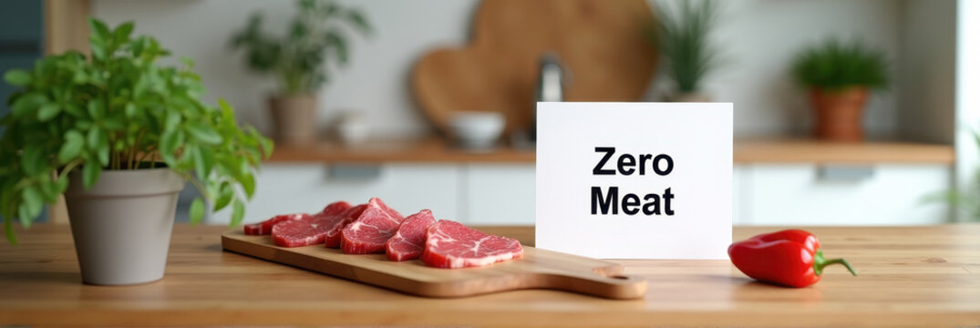 Wooden kitchen island with plant-based meat substitutes and "Zero Meat" sign, promoting sustainable eating and health-conscious lifestyle.