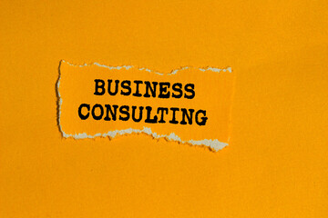 Business consulting message written on ripped torn orange paper piece on orange background....