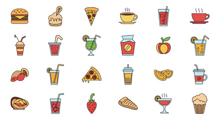 Colorful flat-design icons depicting various food and drinks.