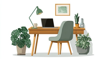 Modern Home Office Workspace with Green Plants and Wooden Desk