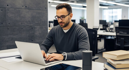 Young Businessman With Glasses Concentrating on Laptop in Office.
