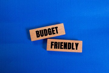 Budget friendly message written on wooden blocks on blue background. Conceptual budget friendly...