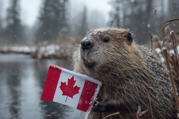 A beaver celebrates Canada Day by proudly holding the Canadian flag in a snowy landscape.