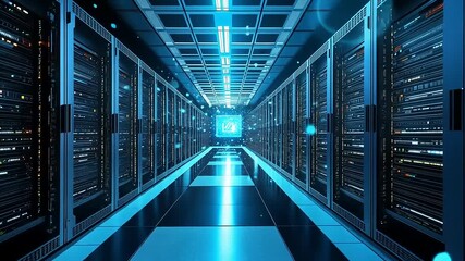 Futuristic server room with glowing data center technology - Powered by Adobe