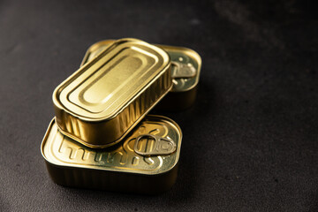 Can tin canned food fish or meat, tin can vegetable fresh delicious gourmet food background on the table rustic food top view copy space