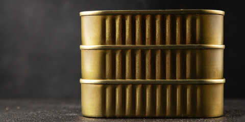 Can tin canned food fish or meat, tin can vegetable fresh delicious gourmet food background on the table rustic food top view copy space