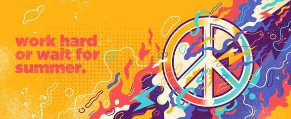 A vibrant summer-themed banner featuring a peace symbol surrounded by bold, abstract shapes in bright colors. Vector illustration. © Radoman Durkovic