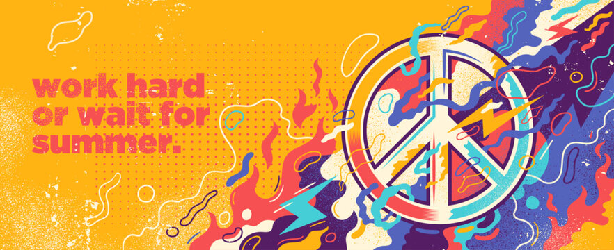 A vibrant summer-themed banner featuring a peace symbol surrounded by bold, abstract shapes in bright colors. Vector illustration.