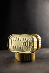 Can tin canned food fish or meat, tin can vegetable fresh delicious gourmet food background on the table rustic food top view copy space