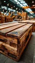 Wooden pallets arranged in a spacious warehouse with warm lighting and industrial ambiance during the afternoon