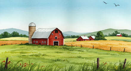 Obraz premium Watercolor red barn in green countryside with rolling hills and blue sky