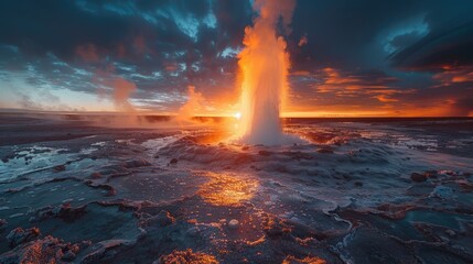 A Spectacular Geyser Eruption at Sunset in Iceland: Witness the Raw Power of Geothermal Forces, Volcanoes, Boiling Water, and Fiery Lava.


