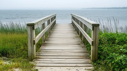 Fototapeta premium A weathered wooden boardwalk extends over calm water towards a hazy horizon, flanked by beach grasses