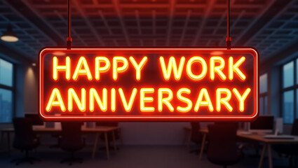 Yellow neon sign happy work anniversary in office image