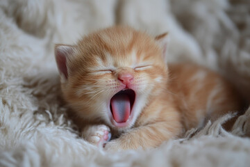 A cute orange kitten takes a big yawn while relaxing on a soft blanket.