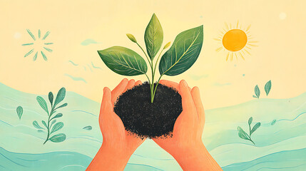 Hands holding a small plant with soil against a bright sunny background