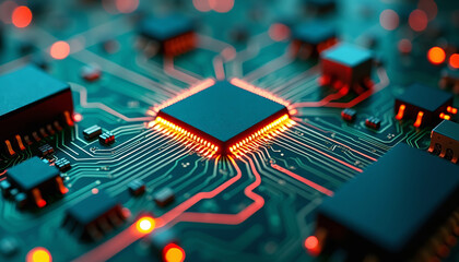 Macro View of Integrated Circuit Board with Central Processor and Vivid Orange Light Trails, Indicating Data Flow and Cybernetics