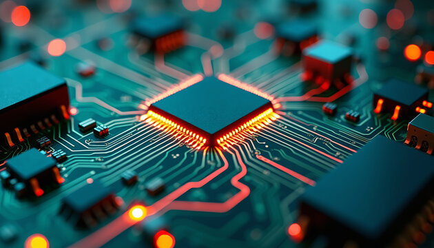 Macro View of Integrated Circuit Board with Central Processor and Vivid Orange Light Trails, Indicating Data Flow and Cybernetics