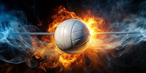 Fototapeta premium Fiery Volleyball Suspended in Smoke and Flames, a Dynamic Sport Action Image