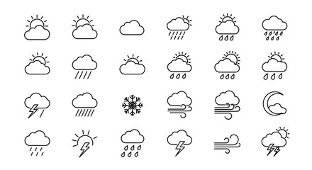 A collection of line art weather icons depicting sun, clouds, rain, snow, lightning, and wind conditions.