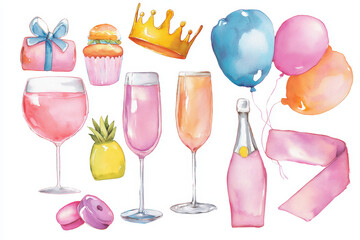 A vibrant watercolor illustration for birthdays, featuring a gift, champagne, balloons, and cupcakes.