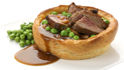 Hearty yorkshire pudding filled with sliced roast beef and gravy served with peas on a white plate