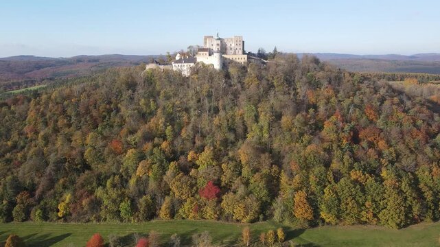 Medieval royal castle Buchlov in South Moravia, Czech Republic captured on drone video. Autumn nature, forests, castle. Drone video.