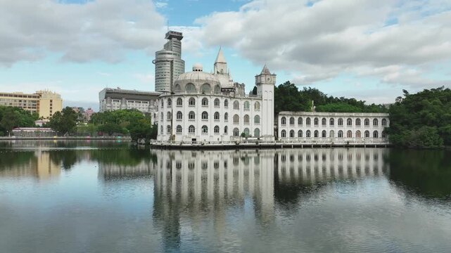 Beautiful reflections of Liuhua Park in Guangzhou's Liwan District showcase iconic architecture and serene nature in the heart of the city