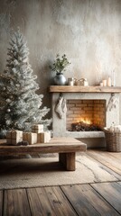 Cozy holiday living room with decorated Christmas tree and fireplace during winter evening