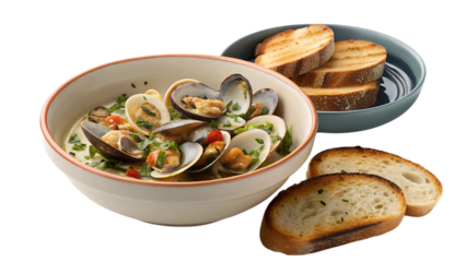 Delicious bowl of steamed clams with white wine sauce and crusty bread slices on a dark background