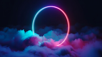 Neon glowing circle floating above colorful clouds in surreal night sky with pink and blue atmosphere