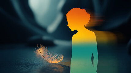Silhouette of woman in gradient light looking at glowing feather on dark symbolic background