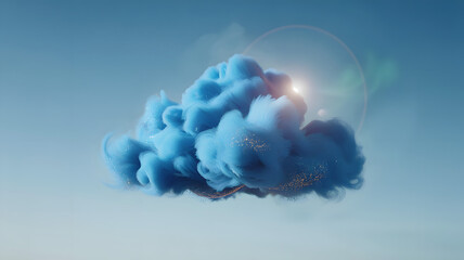 Surreal fluffy blue cloud with sparkling particles floating in clear sky with sunlight and soft haze