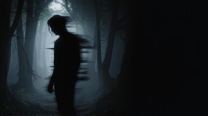 Glitched silhouette of person in dark foggy forest with eerie atmosphere and surreal digital distortion
