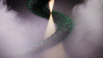 Abstract spiral glitter trail in purple haze with glowing spotlight and green particle flow motion