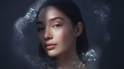 Artistic portrait of young woman with glowing skin and soft pink makeup surrounded by ethereal light and smoke