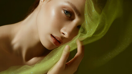 Close-up portrait of woman with glowing skin and green translucent fabric creating dreamy elegant atmosphere