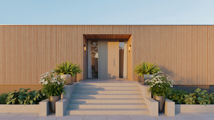 Modern wooden house facade with symmetrical entrance steps and lush potted plants in warm evening sunlight