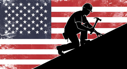 American Roofer Silhouette on Roof with Distressed USA Flag - Construction Labor