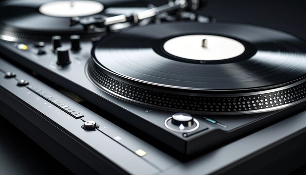 Close-up cinematic shot of a disc jockey’s music instrument featuring detailed views of turntables, mixers, illuminated controls, and tactile buttons, capturing the energy of live DJ performance