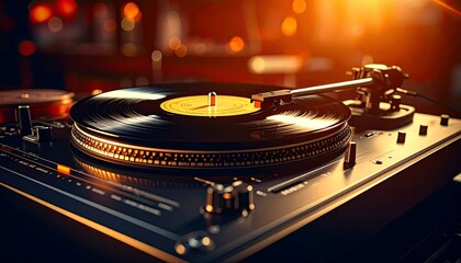 Close-up cinematic view of a DJ turntable showcasing spinning vinyl, tactile knobs, illuminated buttons, and precise controls, capturing the vibrant energy and skill of a live DJ performance