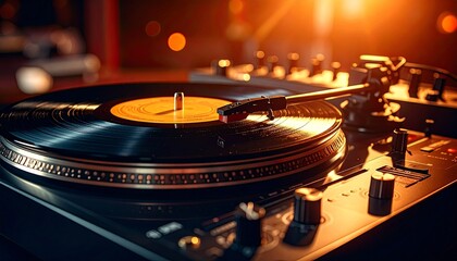 Close-up cinematic view of a DJ turntable showcasing spinning vinyl, tactile knobs, illuminated buttons, and precise controls, capturing the vibrant energy and skill of a live DJ performance