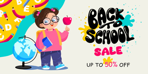 back to school  horizontal banner, cover, advertisement, discount, sale, vector illustration