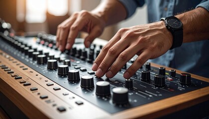 Close-up cinematic shot of a music producer’s fingers expertly manipulating beat machine knobs and sliders, capturing the tactile precision and creative energy behind electronic music production