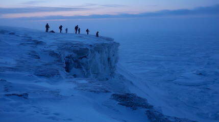 Group of people standing on snowy cliff edge overlooking frozen landscape during twilight hour in polar region. Exploration concept
