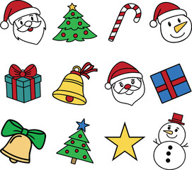 Flat Christmas Vector Icon Set  Santa Tree Gift Snowman Candy Cane Bell